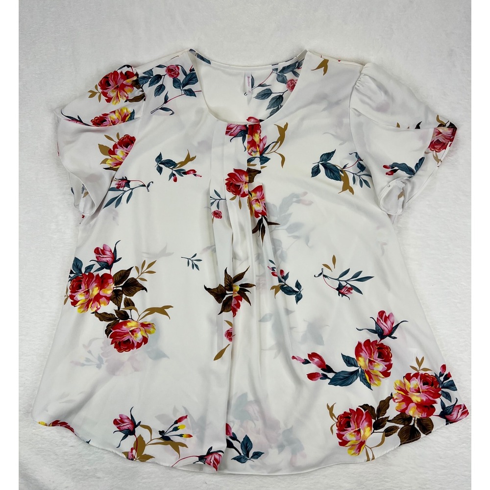 Bestbee Women's 2XL White Floral Print Pleated Short Sleeve Blouse Top‎